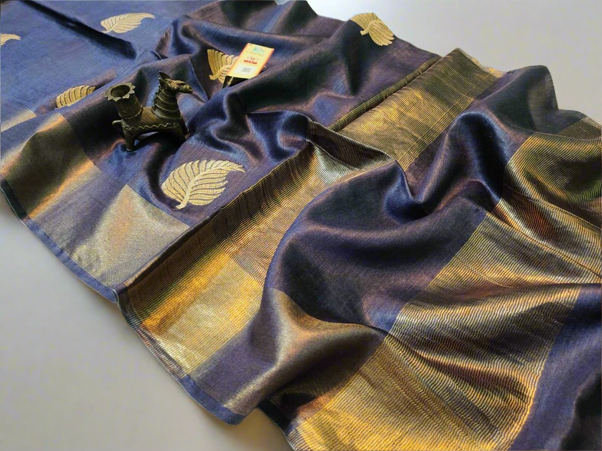 Buy Grey Tussar Munga Embroidered Silk Saree | PeepalClothing