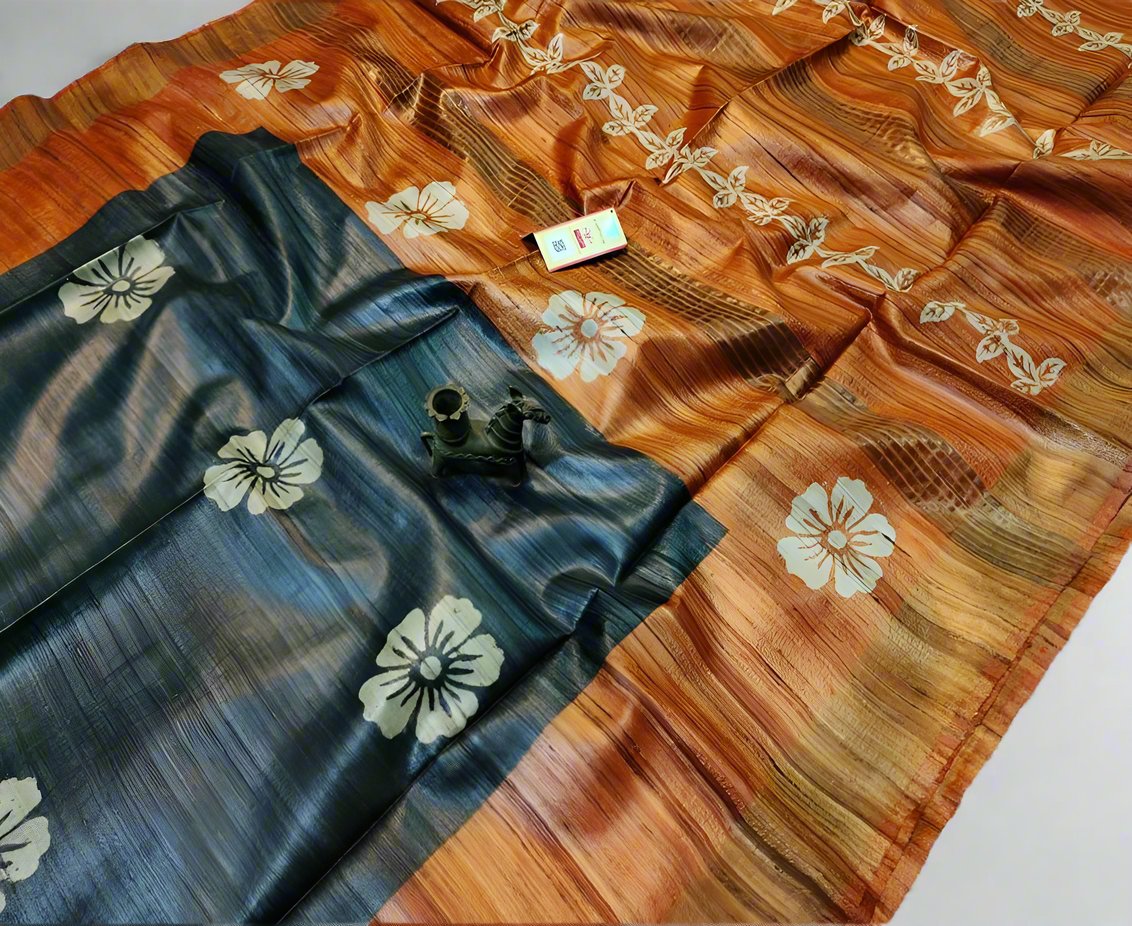 Grey and Orange Floral Printed Tussar Ghicha Silk Saree with Zari Border | Peepal Clothing