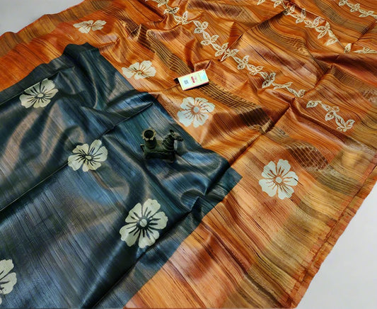 Grey and Orange Floral Printed Tussar Ghicha Silk Saree with Zari Border | Peepal Clothing