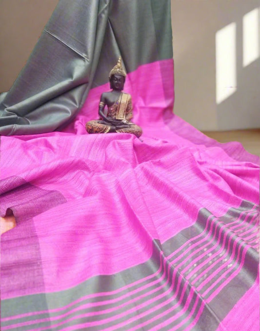 Grey and Pink Korean tussar ghicha pallu saree with staple body| Peepal Clothing
