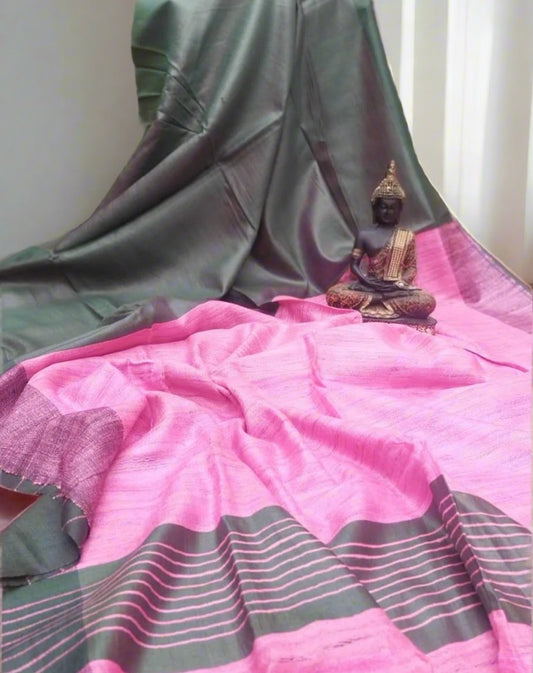 Grey and Purple Korean tussar ghicha pallu saree with staple body| Peepal Clothing
