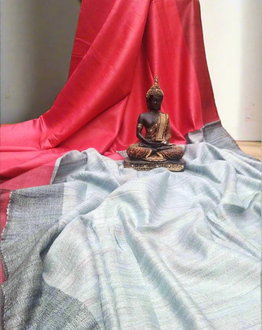 Grey and Red Korean tussar ghicha pallu saree with staple body| Peepal Clothing