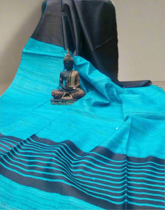 Grey and blue Korean tussar ghicha pallu saree with staple body| Peepal Clothing