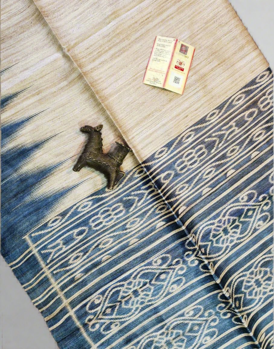 Greyish-blue Tussar Ghicha Ikkat Printed Silk Saree| Peepal Clothing