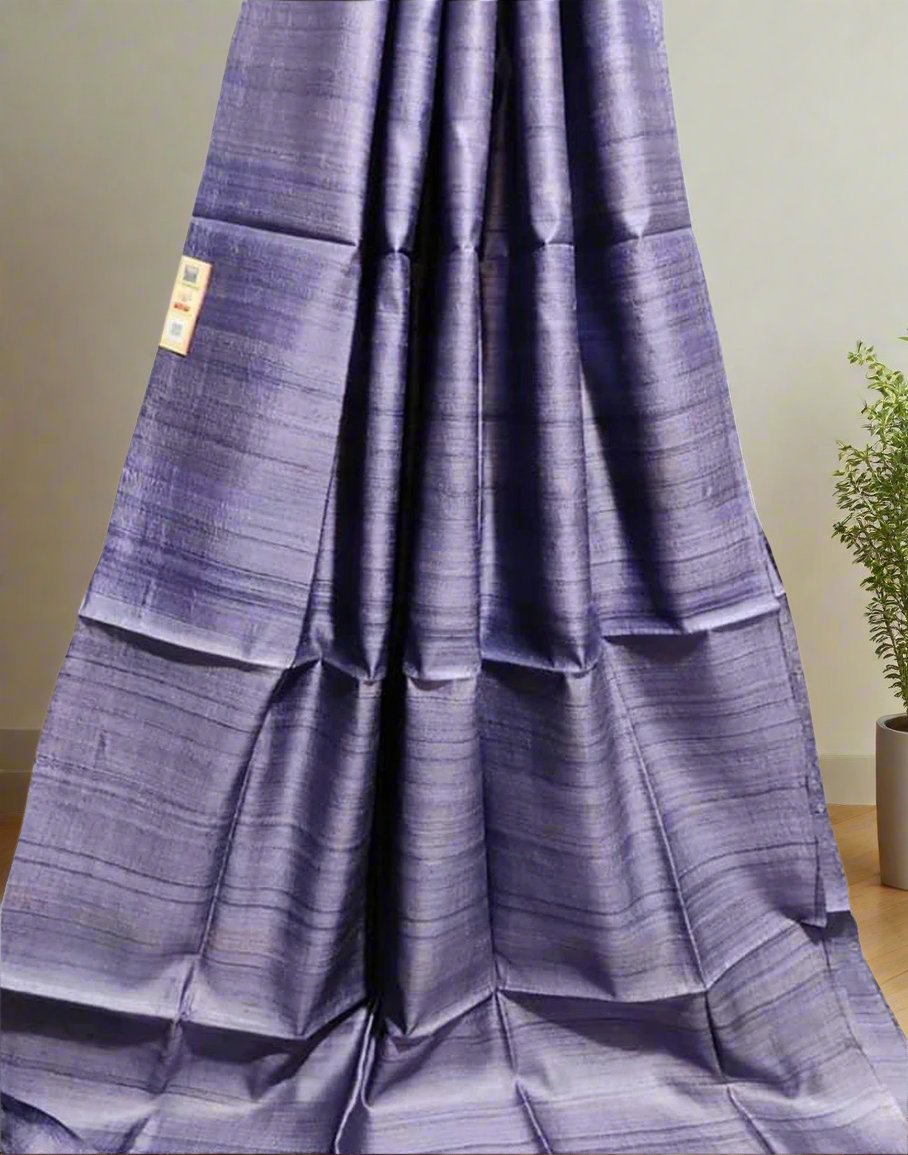 Greyish Blue Pure Desi Tussar Plain Silk Saree| Peepal Clothing