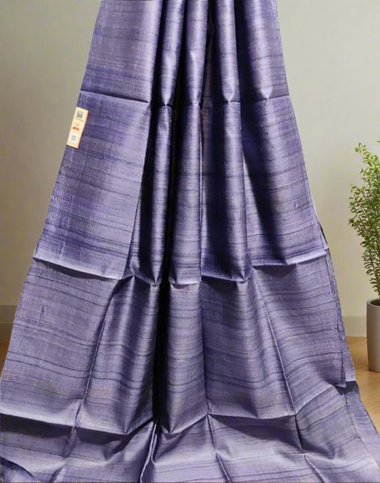 Greyish Blue Pure Desi Tussar Plain Silk Saree| Peepal Clothing