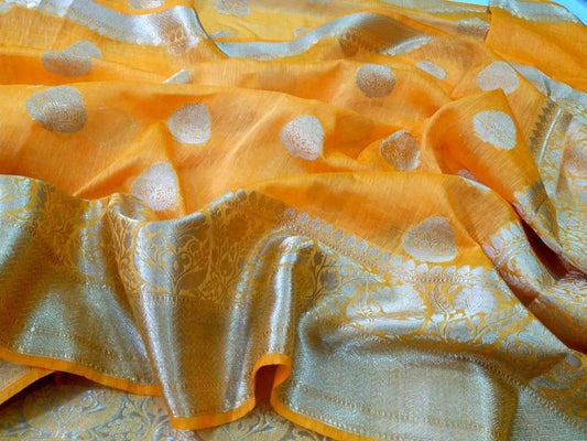 Mango Yellow Pure Banarasi Silk Linen Saree | Peepal Clothing