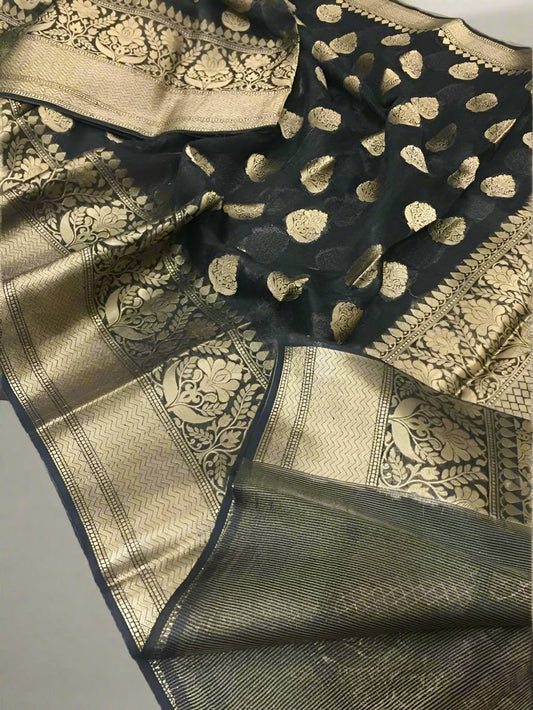 Black Pure Banarasi Silk Linen Saree www.peepalclothing.com