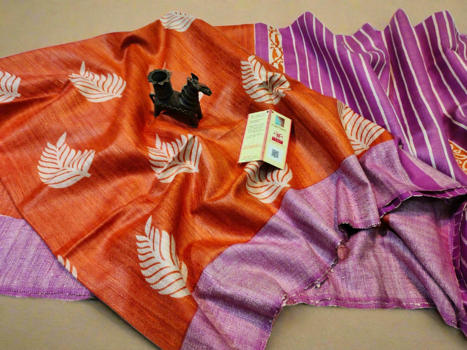 Orange Floral Printed Pure Tassar Ghicha Saree | Peepal Clothing