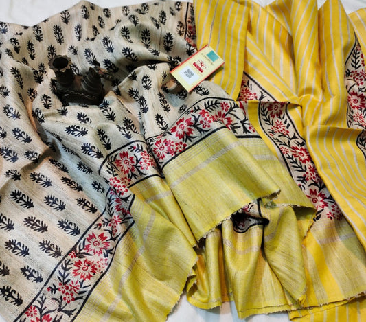 Beige Pure Tassar Ghicha Printed Saree | Peepal Clothing