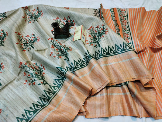 Beige Floral Printed Pure Tassar Ghicha Saree | Peepal Clothing