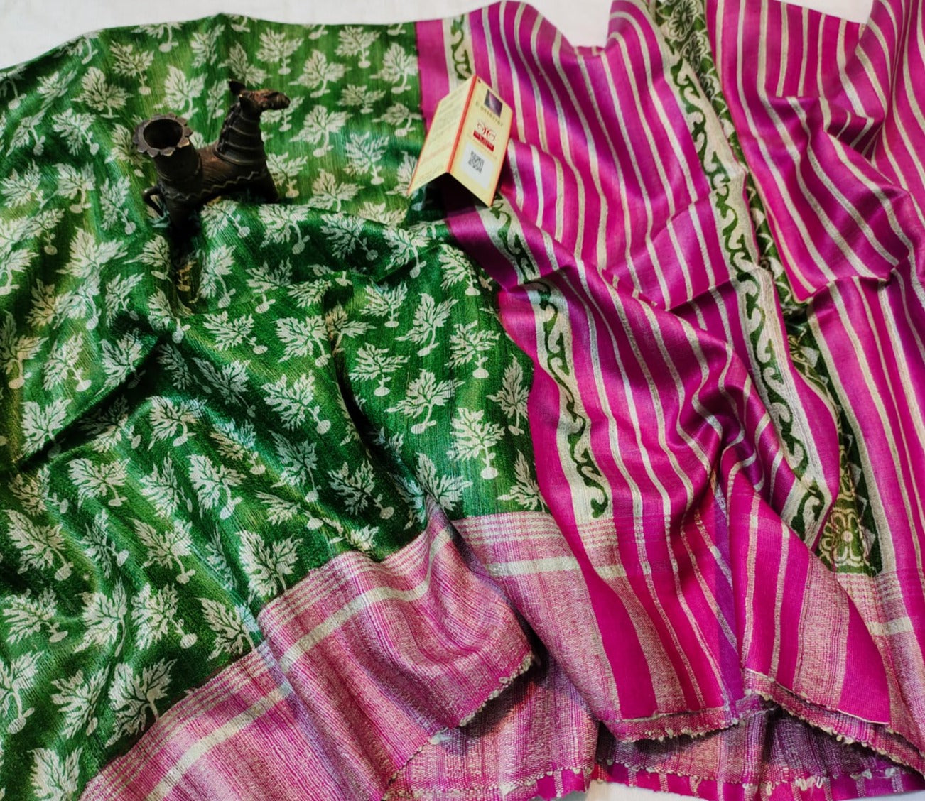 Green Pure Tassar Ghicha Printed Saree | Peepal clothing