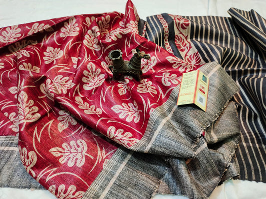 Red Pure Tassar Ghicha Printed Saree | Peepal Clothing