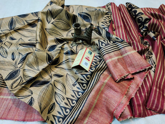 Abstract Printed Pure Tassar Ghicha Saree | Peepal Clothing