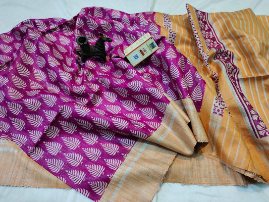 Leaf Printed Pure Tassar Ghicha Saree | Peepal Clothing