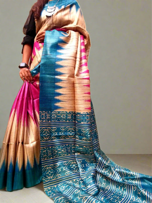 Printed Pure Tassar Ghicha Saree www.peepalclothing.com