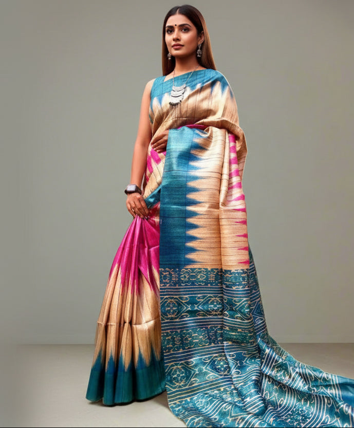 Printed Pure Tassar Ghicha Saree www.peepalclothing.com