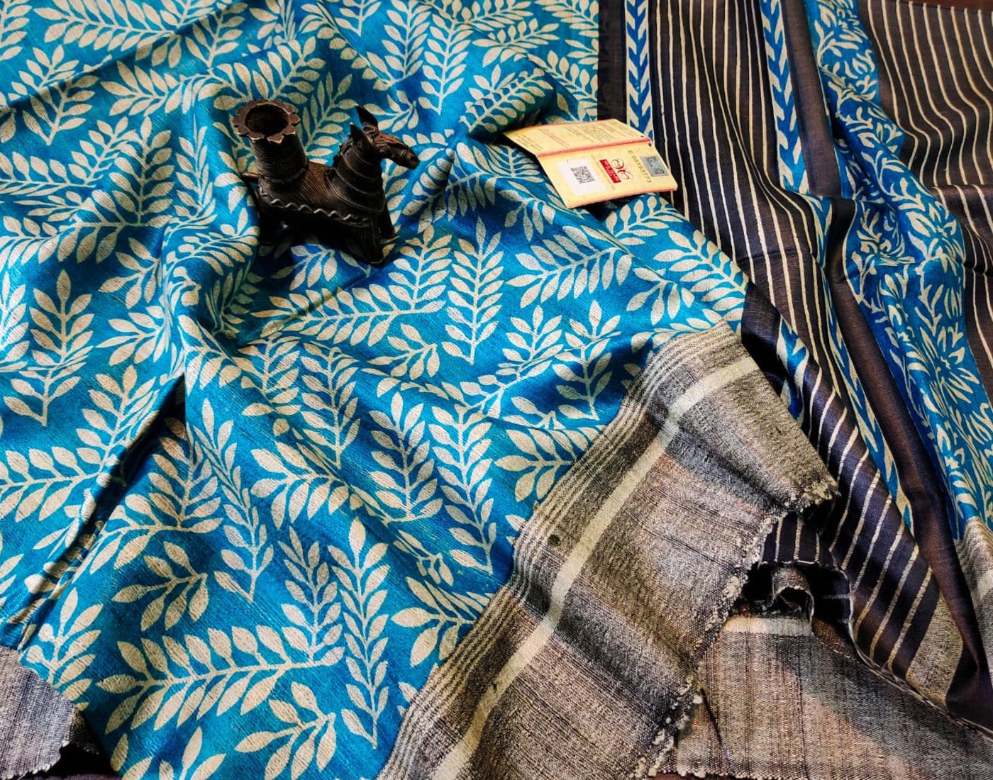 Leaf Printed BlueTussar Ghicha Silk Saree| Peepal Clothing