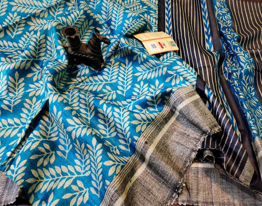 Leaf Printed BlueTussar Ghicha Silk Saree| Peepal Clothing