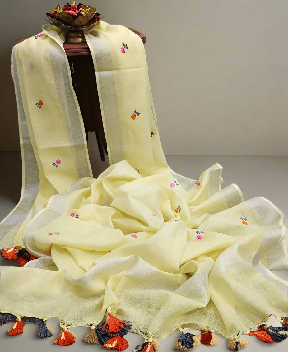 Lemon Yellow Embroidered Linen Dupatta | Peepal Clothing