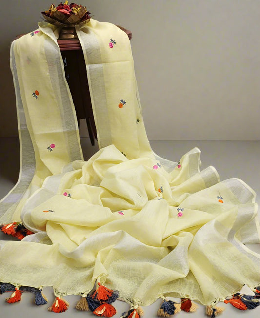 Lemon Yellow Embroidered Linen Dupatta | Peepal Clothing