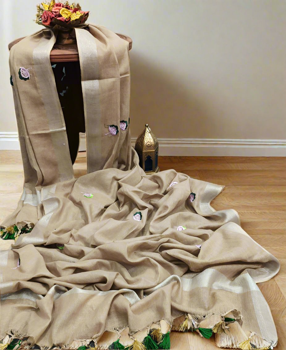 Light Brown Embroidered Linen Dupatta | Peepal Clothing