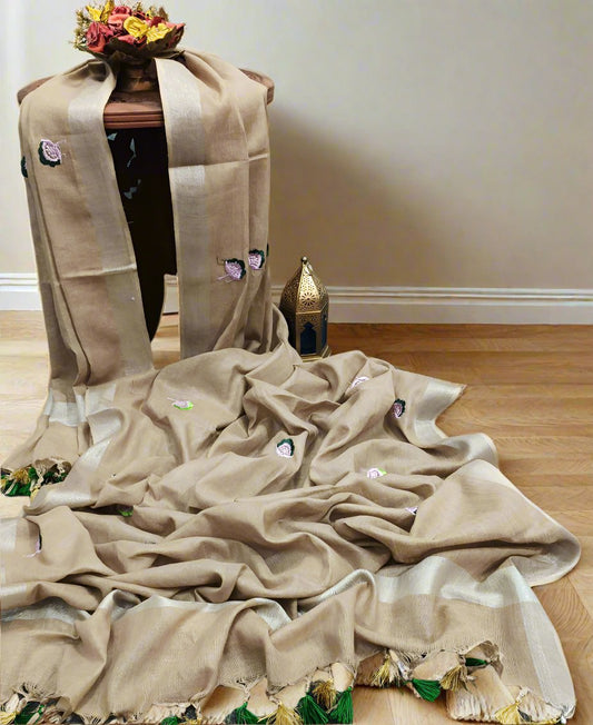Light Brown Embroidered Linen Dupatta | Peepal Clothing