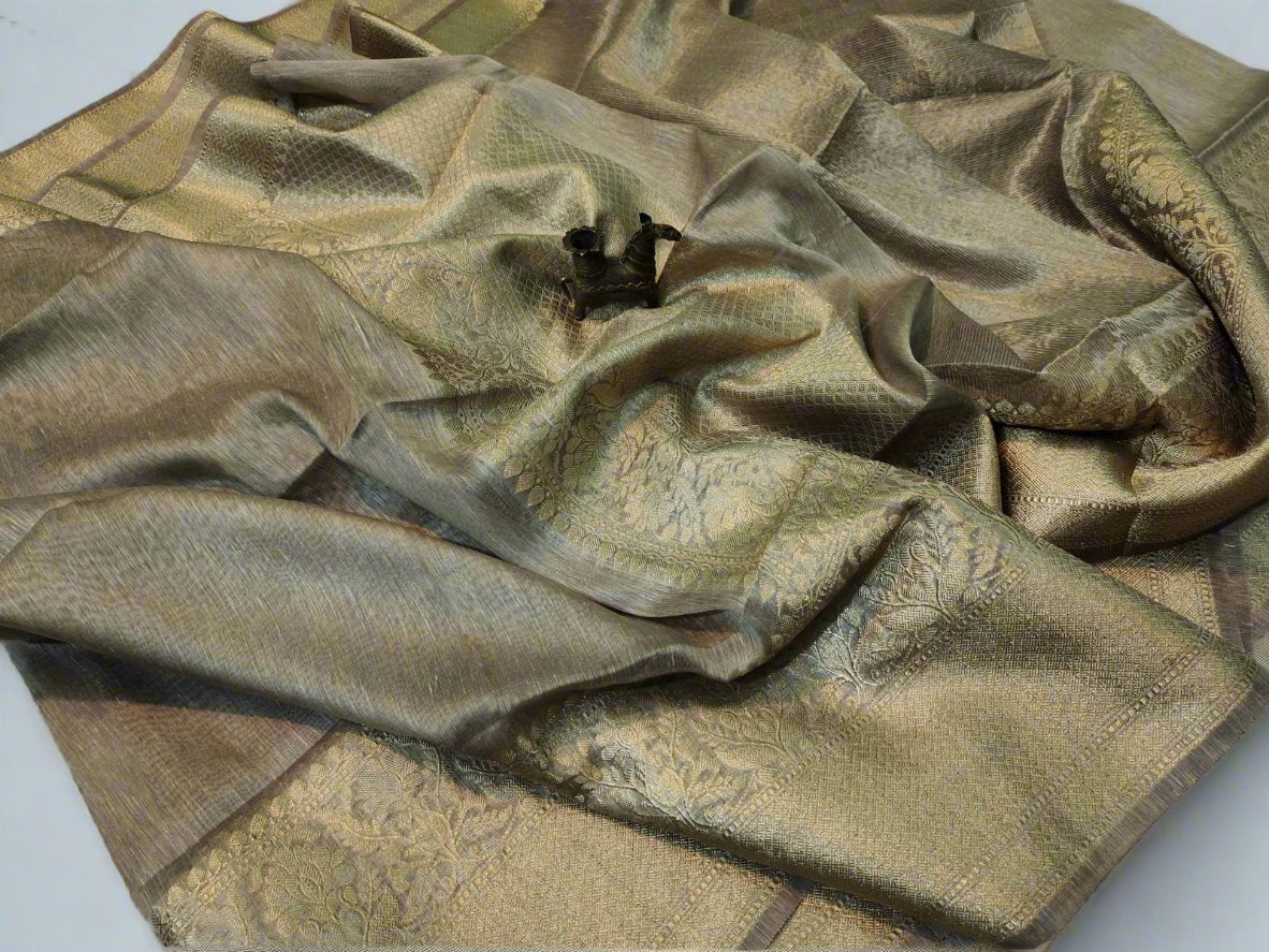 Light Grey Pure Silk Linen Banarasi Saree | Pipal Clothing