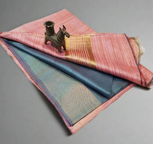 Light Pink Korean tussar ghicha pallu saree with staple body and Zari border| Peepal Clothing