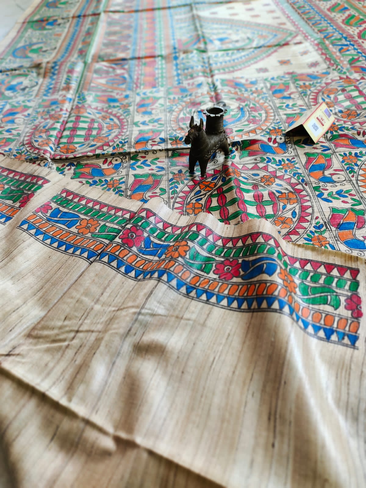 Madhubani Hand Painted Desi Tussar Silk Saree Featuring Sitting Girl