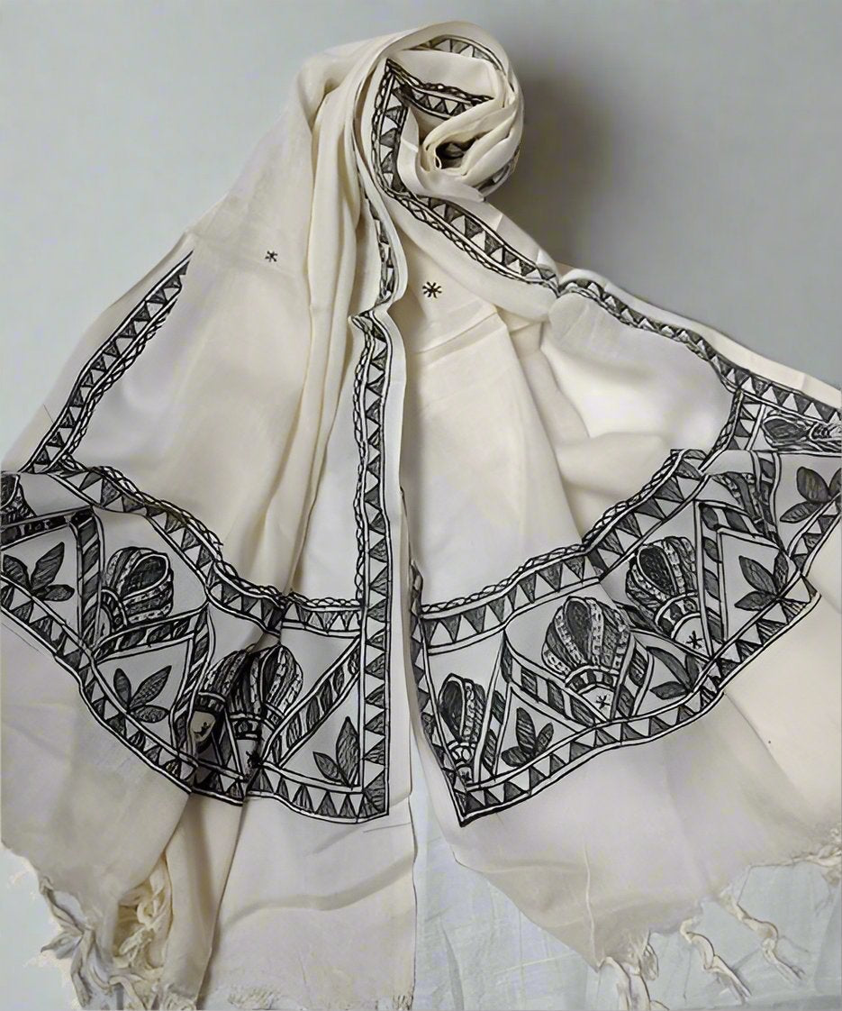 Madhubani Hand Painted Silk Stole | Peepal Clothing