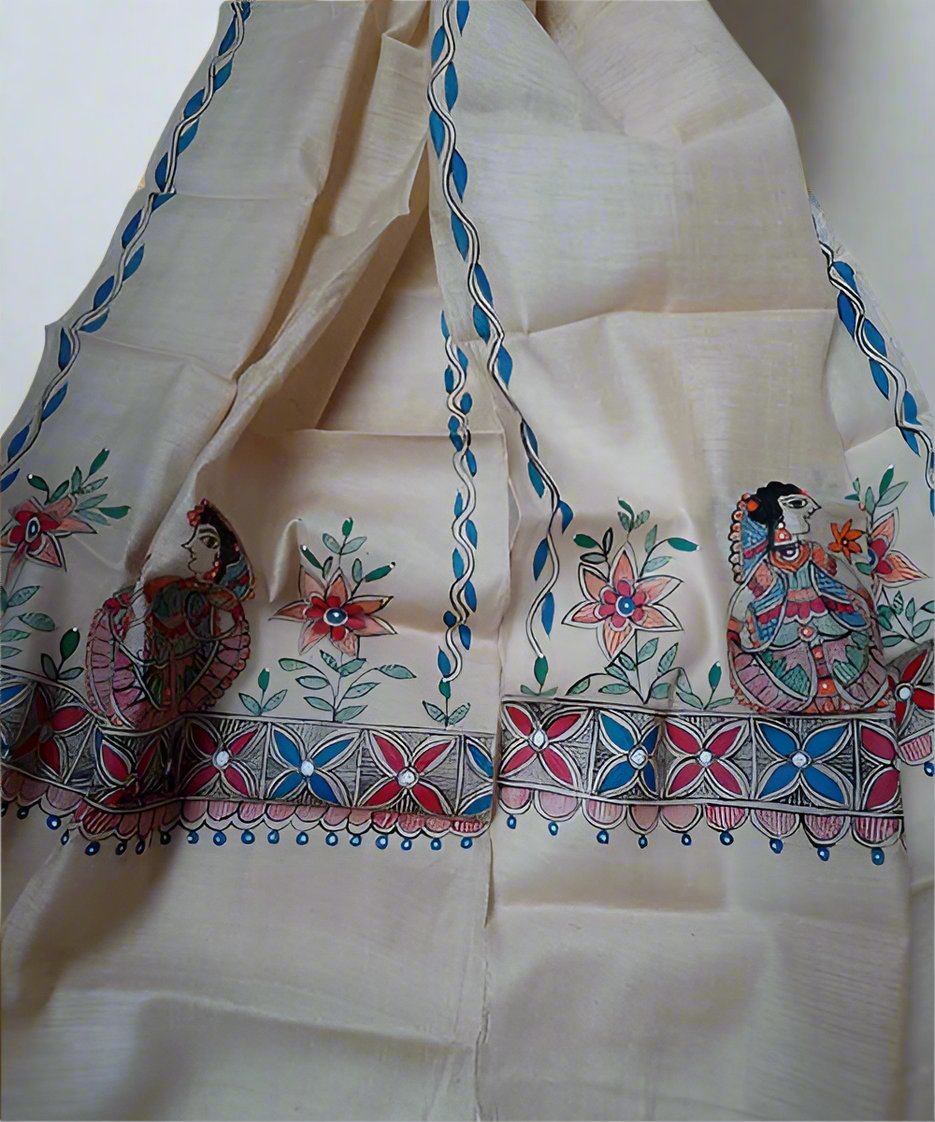 Madhubani Hand Painted Silk Stole | Peepal Clothing