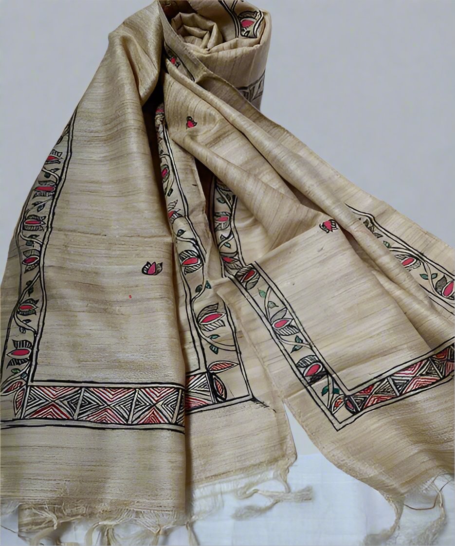 Madhubani Hand Painted Silk Stole | Peepal Clothing