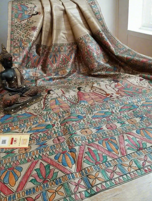 Shop Madhubani Vivah Hand Painted Pure Desi Tussar Silk Saree Online at www.peepalclothing.com
