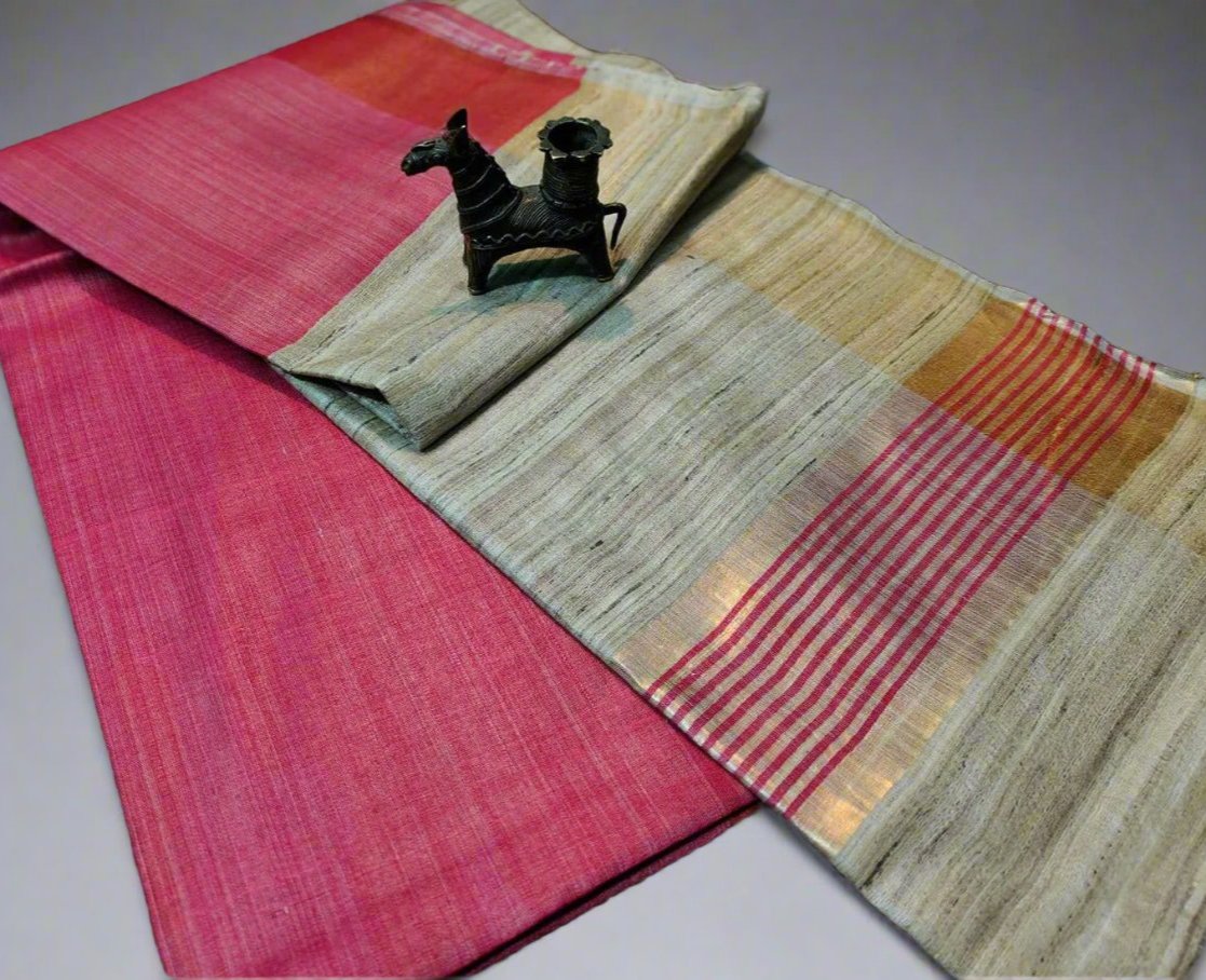 Magenta-Natural Korean Tussar Ghicha Silk Saree| Peepal Clothing
