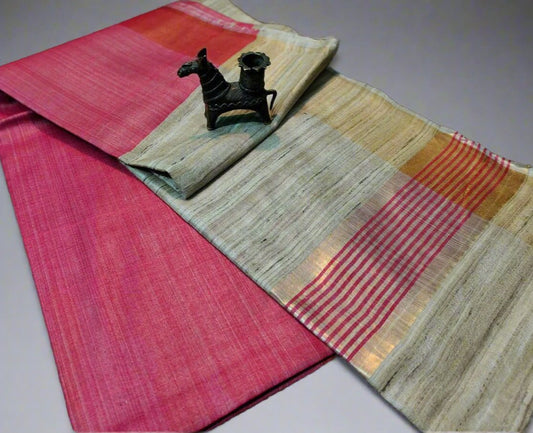Magenta-Natural Korean Tussar Ghicha Silk Saree| Peepal Clothing