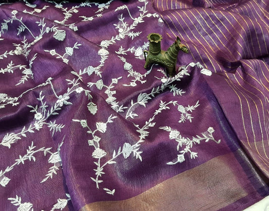 Magenta Embroidered Silk Linen Saree|Peepal Clothing