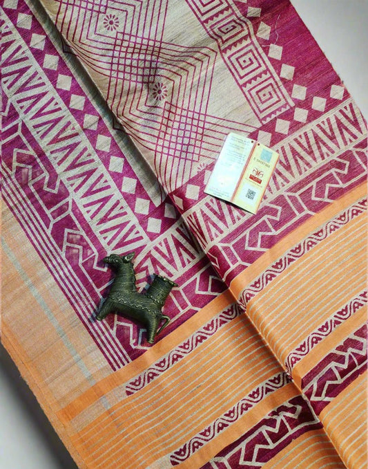 Magenta Geometrical Printed Tussar Ghicha Silk Saree| Peepal Clothing