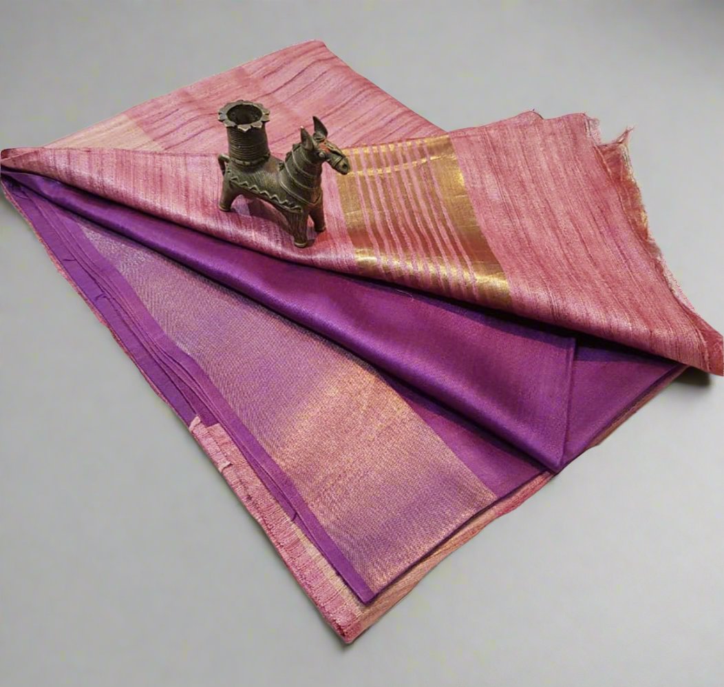 Magenta Korean tussar ghicha pallu saree with staple body and Zari border| Peepal Clothing