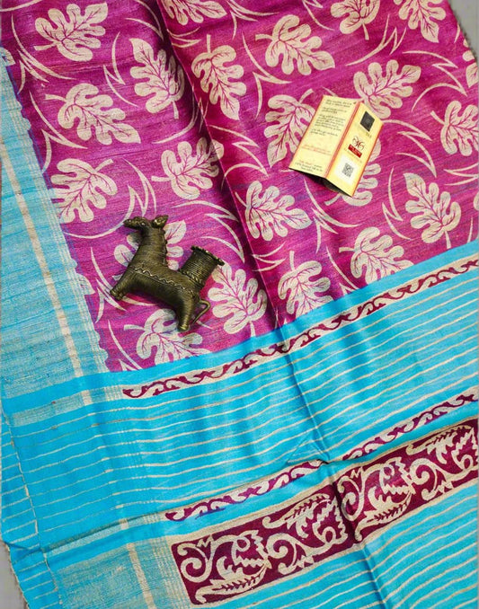 Magenta Leaf Printed Tussar Ghicha Silk Saree| Peepal Clothing
