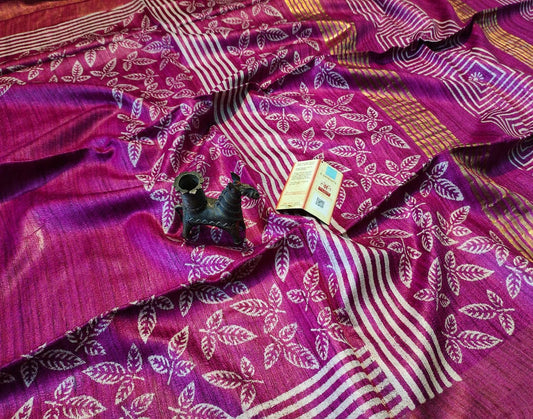 Magenta Printed Tussar Ghicha Silk Saree with Zari Border| Peepal Clothing