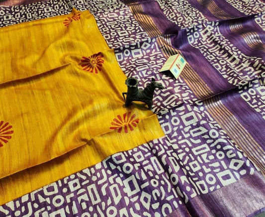 Magenta and Mustard Floral Printed Tussar Ghicha Silk Saree with Zari Border | Peepal Clothing