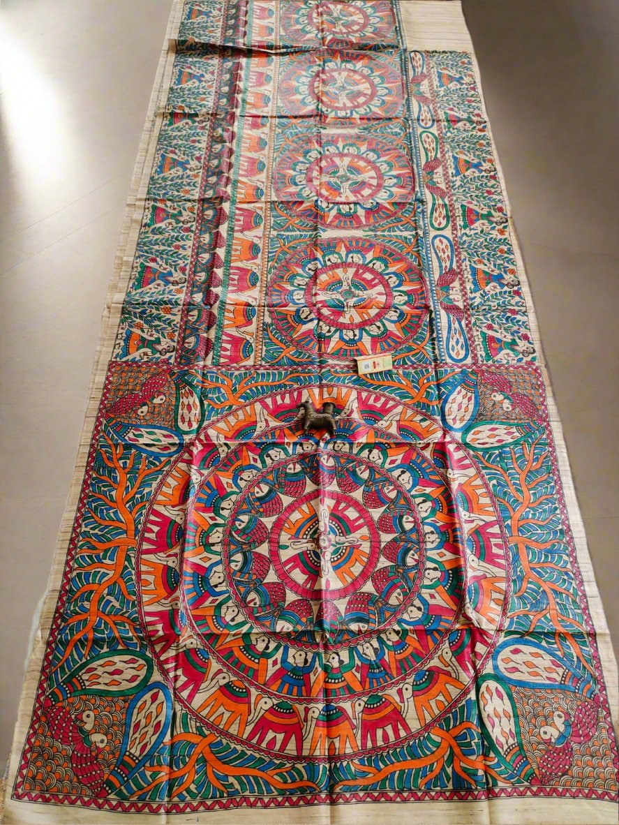 Mandala Madhubani Hand Painted Tussar Ghicha Silk Saree