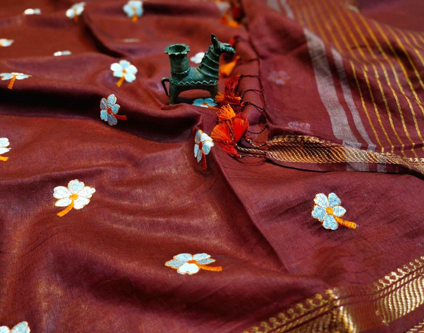 Maroon Embroidered Pure Silk Linen Saree | Peepal Clothing