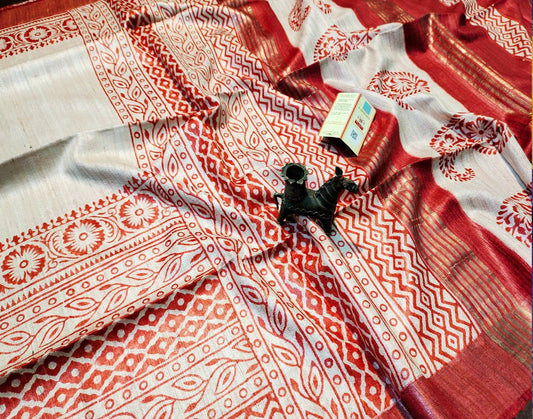 Maroon Floral Printed Tussar Ghicha Silk Saree with Zari Border| Peepal Clothing