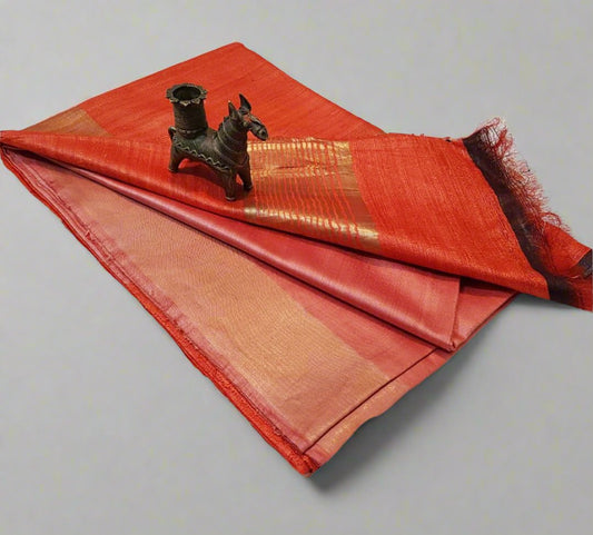 Maroon Korean tussar ghicha pallu saree with staple body and Zari border| Peepal Clothing