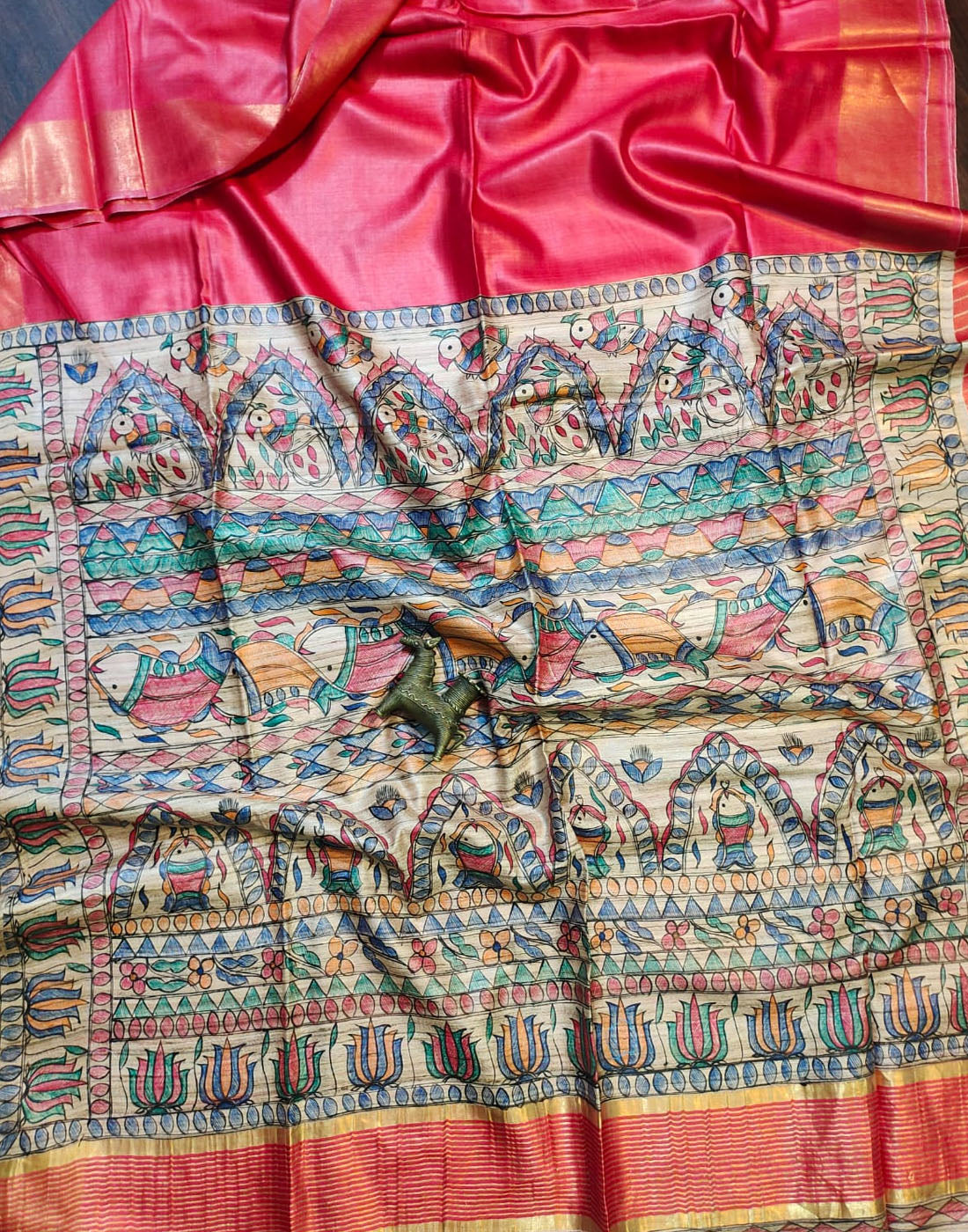 Maroon Madhubani Hand Painted Pallu Tussar Ghicha Silk Saree