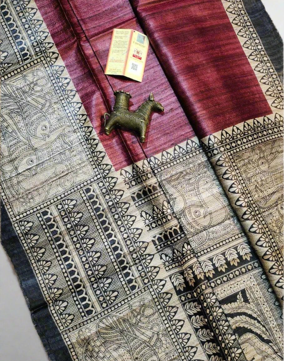 Maroon Madhubani Printed Silk Saree| Peepal Clothing