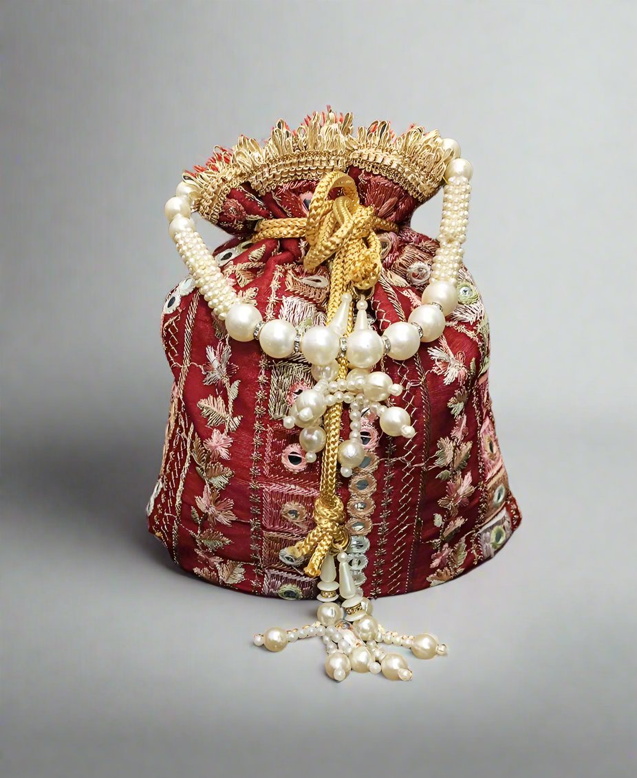 Maroon Mirror Work Embroidered Potli | Peepal Clothing