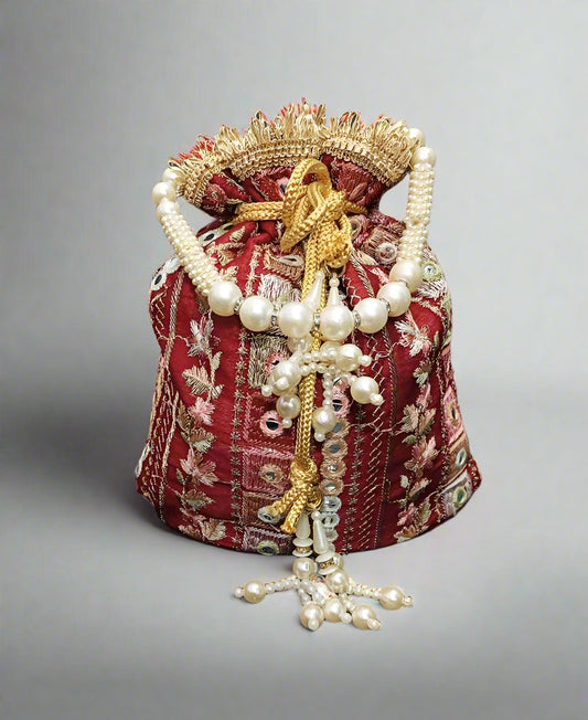 Maroon Mirror Work Embroidered Potli | Peepal Clothing